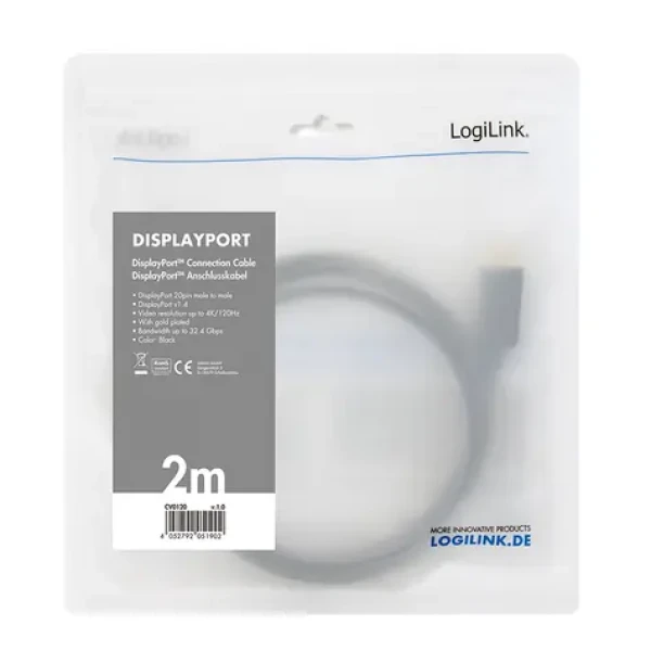 LogiLink DisplayPort 1.4 čierna / Kábel DisplayPort / 2 m / 8K/60 Hz (CV0120)