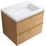 CERANO - Kúpeľňová skrinka Velora - dub medový, úchytka zlatá + umývadlo z lit. mramoru Ovo - biela lesklá - 70,5x58x46,5 CER-980017