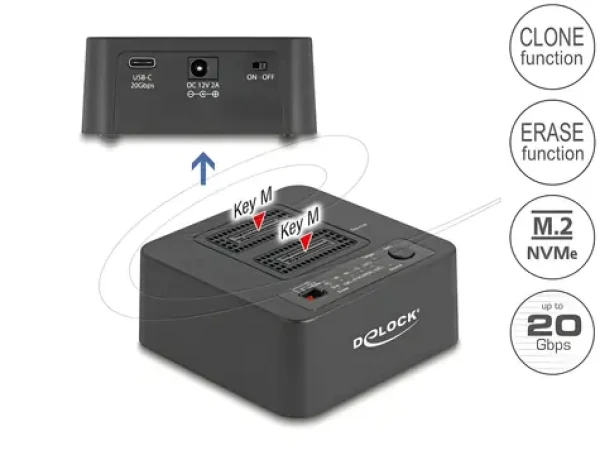 DeLock Dokovacia stanica M.2 pre 2x NVMe SSD / Dokovacia stanica / USB 20 Gbps / Klonovanie a mazanie (64300)