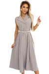 596-2 Elegantná midi košeľa so zlatými gombíkmi a opaskom - GREY BEige UNI