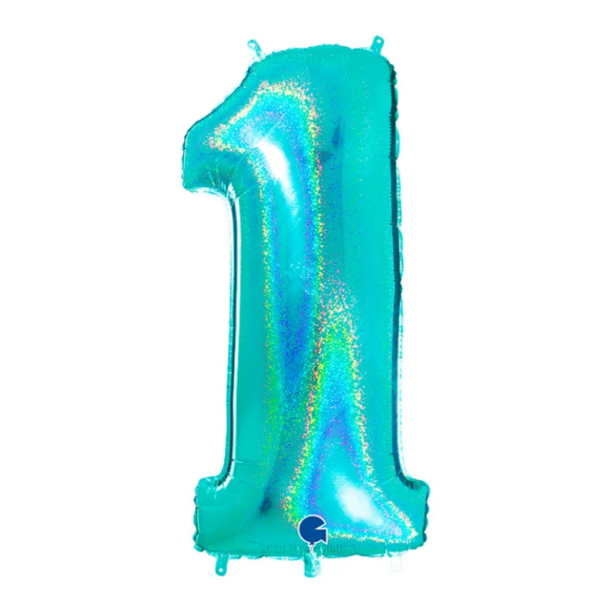 Nafúknuteľný balón číslo 1 tyrkys holografický 102 cm - Grabo - Grabo