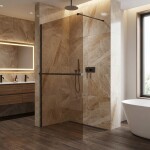 CERANO - Sprchová zástena Walk-in Onyx Cube Ľ/P - 8 mm + polička/držiak na uteráky - hranatá vzpera - čierna matná, bronzové sklo - 140x200 CER-689344