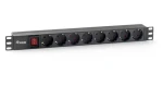 Equip 19" čierna / Zásuvkový panel / 1U / 8x Schuko / vypínač / 16 A / plast (333283)