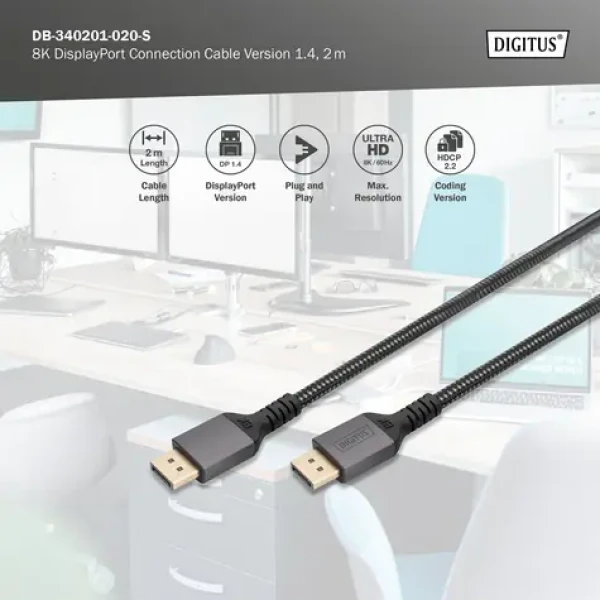 Digitus DisplayPort DP/M - DP/M čierny / Kábel / DisplayPort 1.4 / 8K / 2 m / pozlátené konektory (DB-340201-020-S)