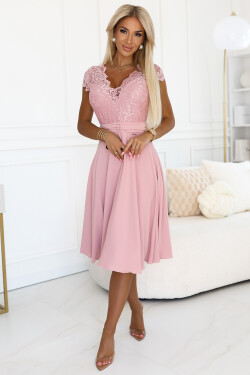 381-6 LINDA ľahké šifónové šaty s čipkovým výstrihom - BRUCE PINK XL