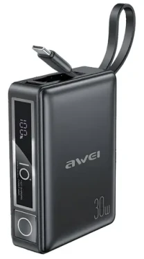 AWEI P87K čierna / Powerbanka / 10000mAh / 30W / integrovaný kábel USB-C + Lightning (P87K)