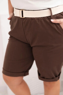 Dámske Plus veľkosť bavlnené šortky s opaskom Brown 3XL