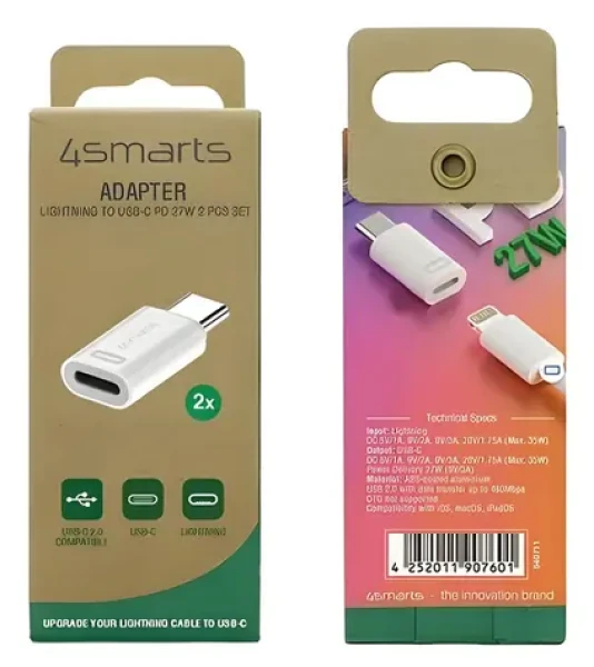 4smarts Adaptér USB-C na Lightning PD 27W biela / Adaptér / Power Delivery / hliník / 2 ks (540711)