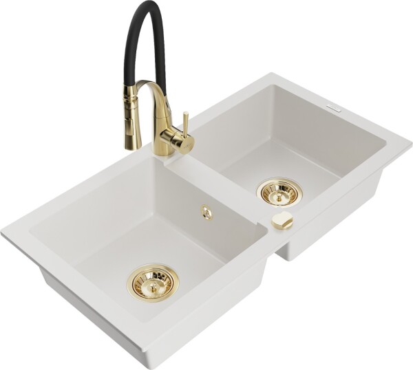 MEXEN/S MEXEN/S - Mario granitový drez 2-bowl vrátane batérie Aster, biela 6504-20-73450-57-G