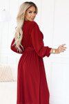 639-1 Elegantné plisované maxi šaty s opaskom a obálkovým výstrihom - bordové UNI