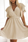 586-1 Dámske šaty s obálkovým výstrihom, rukávmi a opaskom - béžové UNI