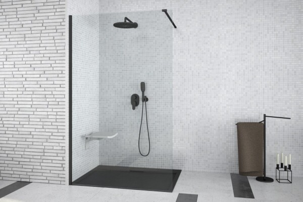 BESCO - Walk-in sprchovací kút AVEO BLACK - Farba rámu zásteny - Hliník čierny, Pevná stena - Bez pevnej steny, Rozmer A - 140, Rozmer C - 195, Výplň - Číre bezpečnostné sklo - 8 mm BCAVEO140BL