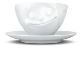 FIFTYEIGHT PRODUCTS Kávový hrnček Glücklich biela / Hrnček / 200 ml / Porcelán / S tanierikom / Do umývačky aj mikrovlnky (T014301)