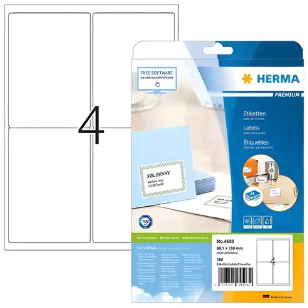 Herma Adresné etikety Premium 99,1x139 mm biele / Etikety / A4 / papier / 100 ks / 25 listov (4503)