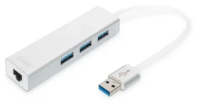 Digitus DA-70250-1 biela / USB hub s LAN adaptérom / USB 3.0 / 3x USB-A / Gigabit LAN (DA-70250-1)