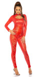 Sexy KouCla Leatherlook Longsleeve Catsuit w. lace red Einheitsgroesse