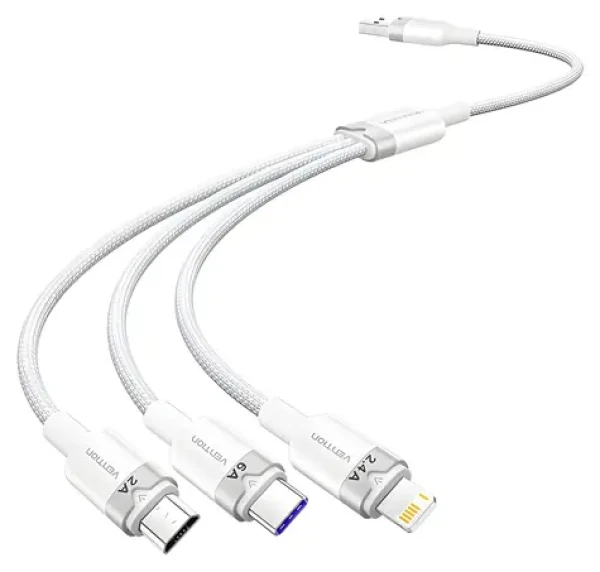 Vention CTRWG biela / Kábel USB-A na USB-C, Lightning, Micro-B / 6A / 120W / 1,5 m (CTRWG)