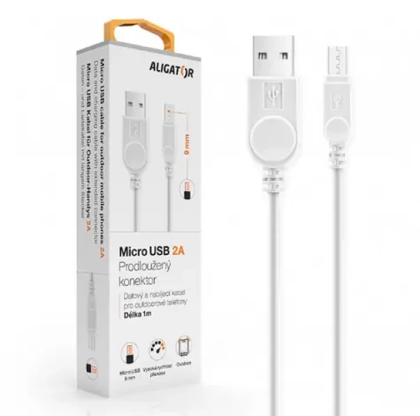 Aligator Dátový kábel micro USB 2A 1m biela / predĺžený konektor 9mm (DAKAMUOUTWT)