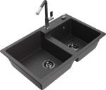 MEXEN/S MEXEN/S - Tomas granitový drez 2-bowl vrátane batérie Flora, čierna kropenatá 6516-76-670401-08-B