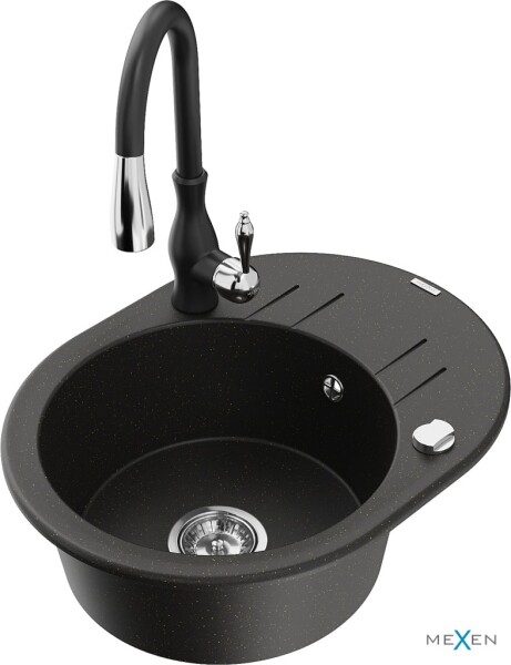 MEXEN/S MEXEN/S - Kevin granitový drez 1 s odkvapkávačom vrátane batérie Savita, čierna/zlatá metalik 6517-75-672601-70