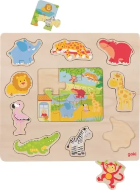 GOKI Drevená vkladačka + Puzzle Zvieratká zo ZOO