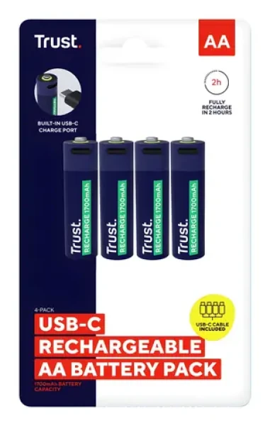 Trust 25631 / Dobíjacia batéria AA / USB-C / 1700 mAh / 4 ks / 800 cyklov (25631)