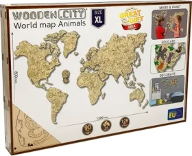 Wooden City Drevená mapa sveta ZOO XL (120x80cm)