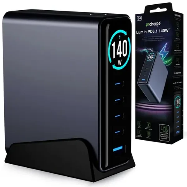 3mk InCharge Lumin Desktop 140W čierna / Nabíjačka / GaN3 / TFT displej / 1x USB-A + 4X USB-C / PD3.2 / QC5 (5903108764209)
