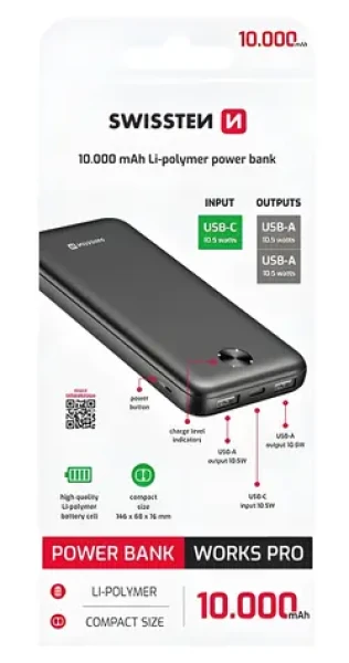 Swissten WORX PRO čierna / Powerbanka / 10000 mAh