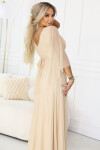 655-4 Dlhé ľahké trblietavé šaty s véčkovým výstrihom a priehľadnými rukávmi - béžovo-šampanská UNI