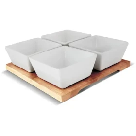 Lamart Bamboo Sada Servírovacie misky 4ks biela-hnedá / 19 x 19cm / porcelán-drevo (8590669253975)