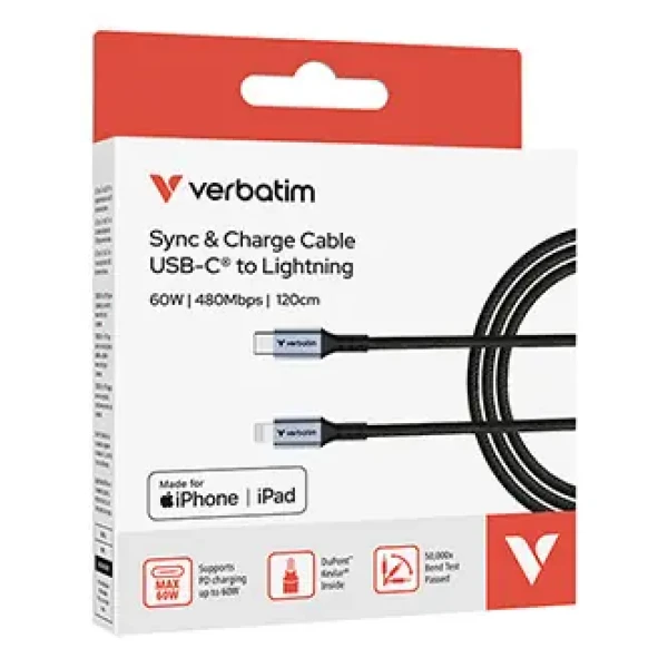 Verbatim 31844 čierna / Kábel USB-C na Lightning / 60 W / 1,2 m / PD 3.0 / MFi (31844)