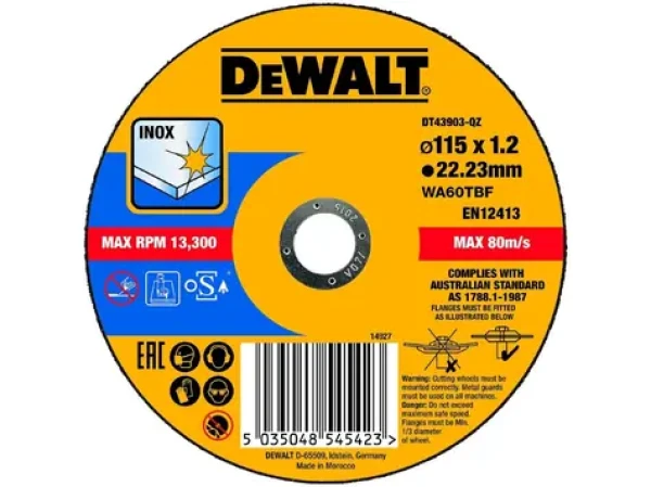 DeWalt DT43903-QZ / Rezný kotúč na nerezovú oceľ / Priemer 115 x 22.23 mm / Šírka rezu 1.2 mm (DT43903-QZ)