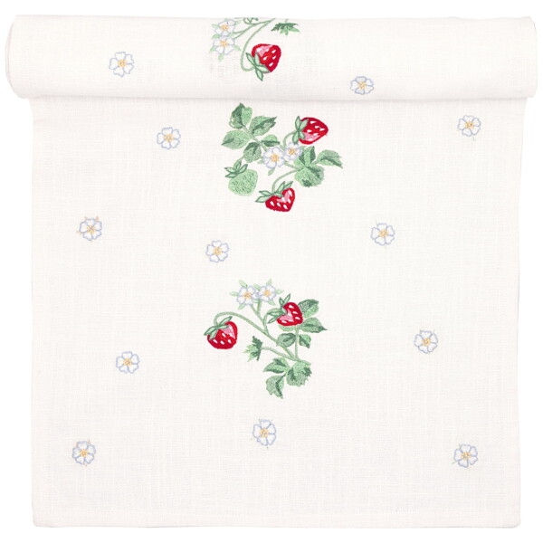 GREEN GATE Behúň na stôl s výšivkou Berry White 40 × 140 cm