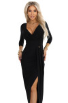 404-13 Elegantné dlhé šaty s obálkovým výstrihom a rozparkom - čierne S