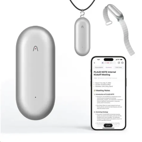 PLAUD Note Pin Silver - AI hlasový záznamník (2025) / Diktafón / Kapacita 64 GB / Výdrž batérie 20 h / BT / USB / WiFi (NotePin Lunar Silver (25))