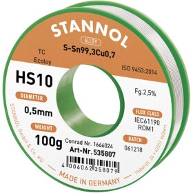 Stannol HS10 2,5% 0,5MM SN99,3CU0,7 CD 100G spájkovací cín bez olova bez olova, cievka Sn99,3Cu0,7 ROM1 100 g 0.5 mm; 631904