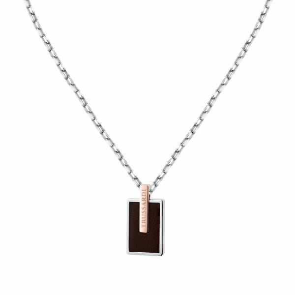 Trussardi Pánsky oceľový náhrdelník s hnedou kožou T-Leather TJAXZ14