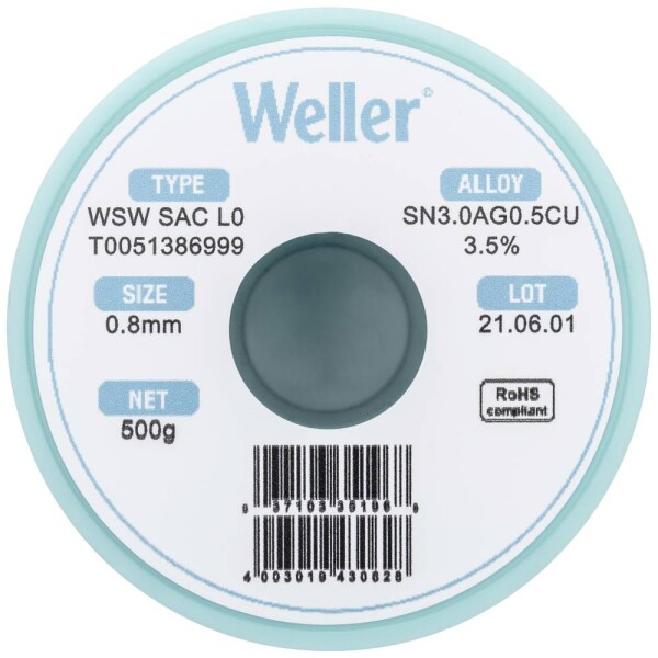 Weller WSW SAC L0 spájkovací cín bez olova cievka Sn3,0Ag0,5Cu 500 g 0.8 mm; T0051386999