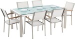 Beliani GROSSETO Záhradná sada pre 6 osôb sklenená doska 180 x 90 cm a biele stoličky