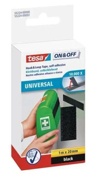 Tesa ONOFF Universal čierna / Opasok na suchý zips / 20 mm x 1 m / Znovupoužiteľný (55224-00000-02)