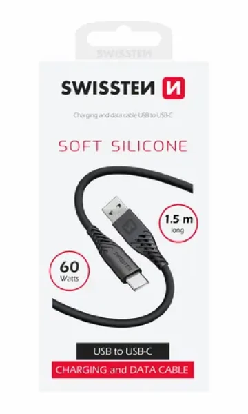 Swissten SOFT SILICONE dátový kábel USB-C 1.5m čierna / 60W / 3A / 1x USB-A(M) / 1x USB-C(M) (71531010)