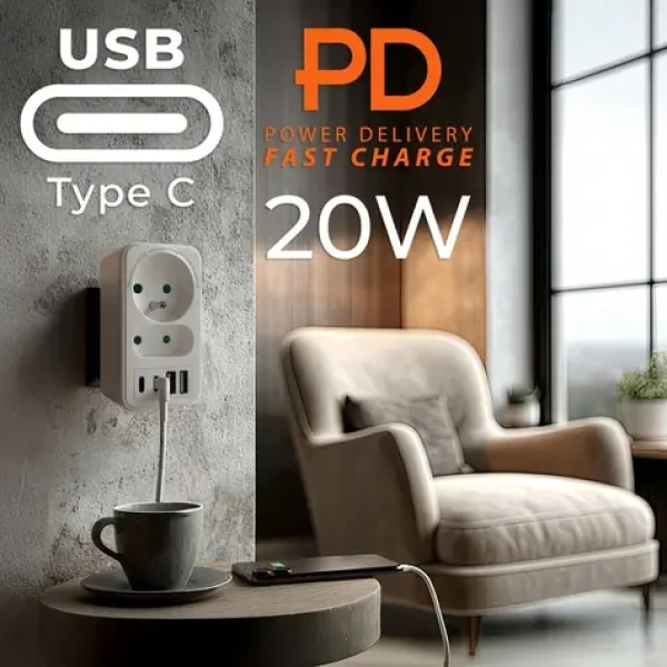 Maclean MCE249 bílá / Rozbočovač zásuvky s USB / 2x zásuvka / 2x USB-A / 2x USB-C PD 20W (MCE249 F/W)