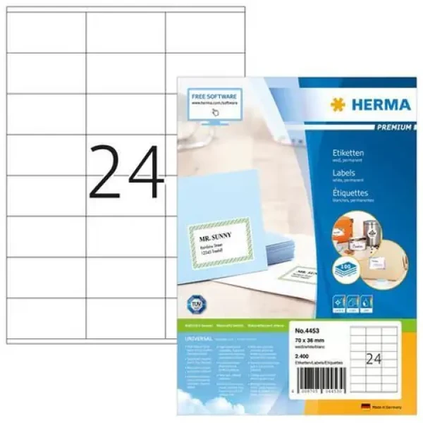 Herma Etikety Premium A4 70x36 mm / Etikety / papier matný / biela / 2400 ks (4453)