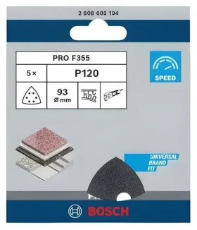 BOSCH F355 / Brúsny papier P120 / 93 x 93 mm / 6 otvorov / 5 ks (2608605194)