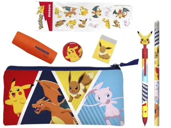 CYP BRAND Školský set Pokémon so samolepkami / 7 kusov / Propiska, ceruzka, strúhadlo, guma, zvýrazňovač, peračník (GS20-31PKEPM)