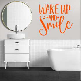 Veselá Stena Samolepka Nápis Wake up and Smile Farba: oranžová, Veľkosť: 60 x 56 cm