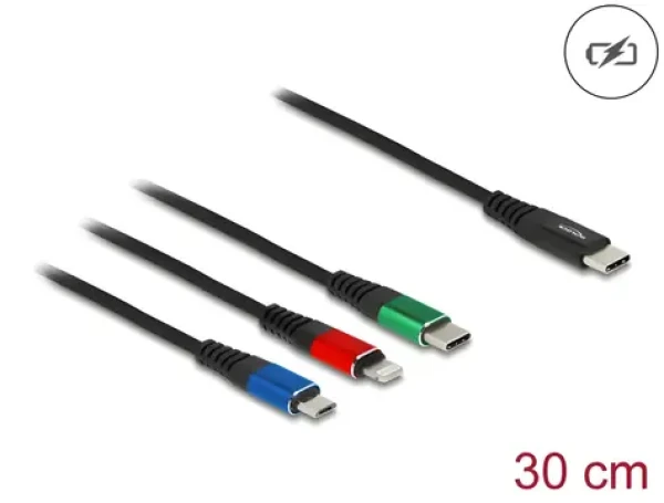 DeLock USB-C čierna / Napájací kábel 3v1 / USB-C na Micro-USB, USB-C, Lightning / 0,3 m / USB 2.0 (86820)