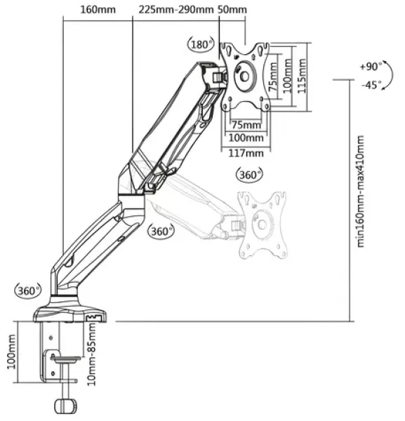 TB Touch TB-MG1 čierna / Držiak monitora / plynová pružina / stolný / nosnosť 8 kg / do 27" / VESA 75x75-100x100 (TB-MG1)