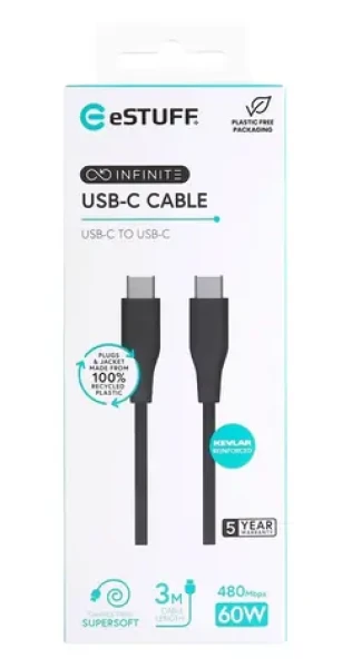 ESTUFF INFINITE (GRS) čierna / Kábel USB-C / 3 m / 60 W / GRS recyklovaný plast (ES604380)